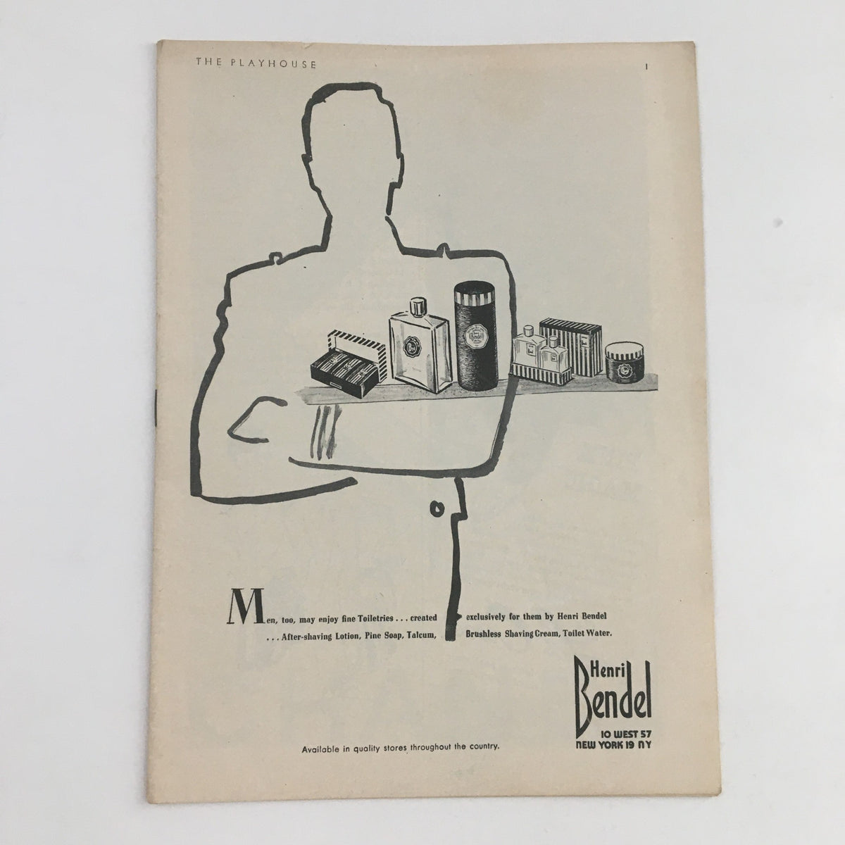 Vintage advertisement from The Playhouse 1945 production of The Glass Menagerie, showcasing products by Henri Bendel with an illustration of a figure.