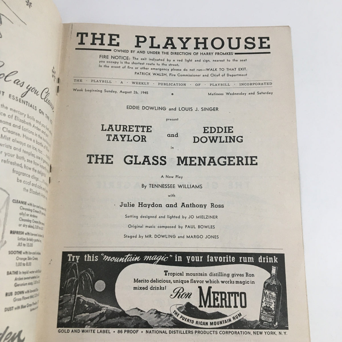 Program page featuring Laurette Taylor and Eddie Dowling for the 1945 production of The Glass Menagerie by Tennessee Williams, listing cast and production details.