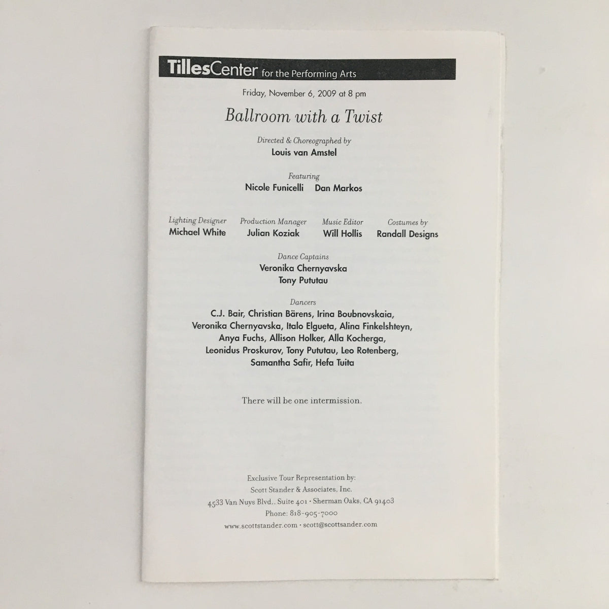 Page from the 2009 Tiles Center for the Performing Arts program featuring 'Ballroom with a Twist' directed by Louis van Amstel, showcasing cast and production details.