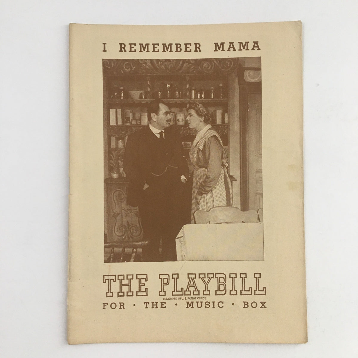 1945 Playbill for I Remember Mama featuring an image of two characters in a scene from the production at The Music Box Theatre.