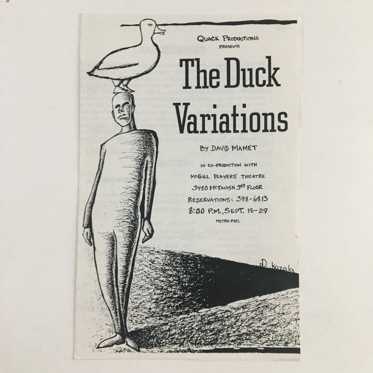 Cover image of 'The Duck Variations' by David Mamet, presented by Quack Productions, featuring an illustration of a man with a duck on his head.