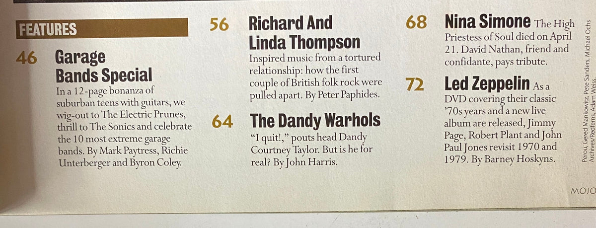 Mojo Music Magazine June 2003 features page announcing contents like 'Garage Bands Special', 'Richard and Linda Thompson', and 'The Dandy Warhols', with a tribute to Nina Simone.