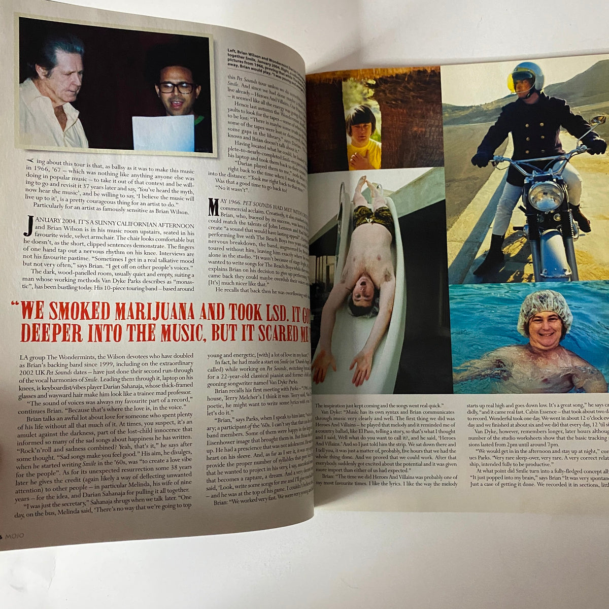 Another interior spread from Mojo Music Magazine March 2004, featuring nostalgic photographs and stories related to Brian Wilson, discussing the intersection of music and personal experiences.