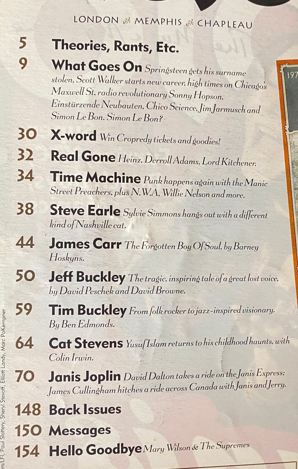 Table of contents from Mojo Music Magazine June 2000, highlighting features including Janis Joplin, Jeff Buckley, and Steve Earle. List includes editorial columns and music industry insights.