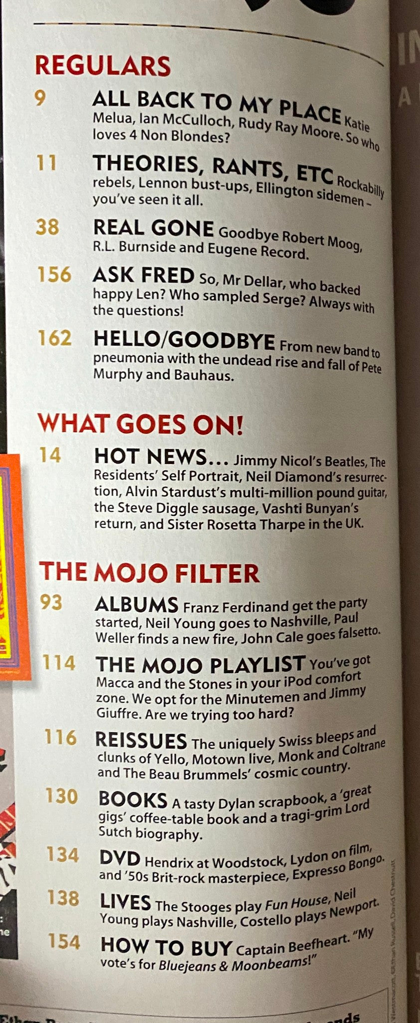 Regulars section of Mojo Music Magazine November 2005 listing topics such as music reviews and artist interviews, highlighting hot news and cultural insights.