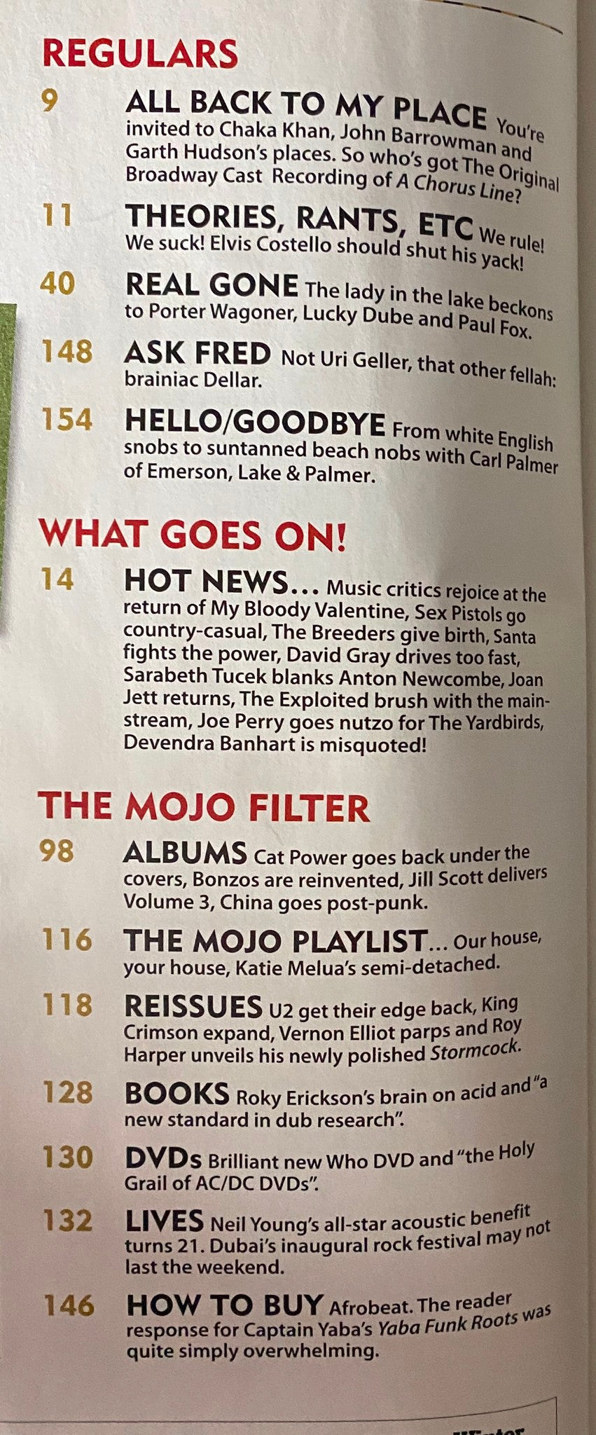 Inside page of Mojo Music Magazine January 2008, presenting the table of contents, including regular features and articles about notable artists like Chaka Khan and My Bloody Valentine.