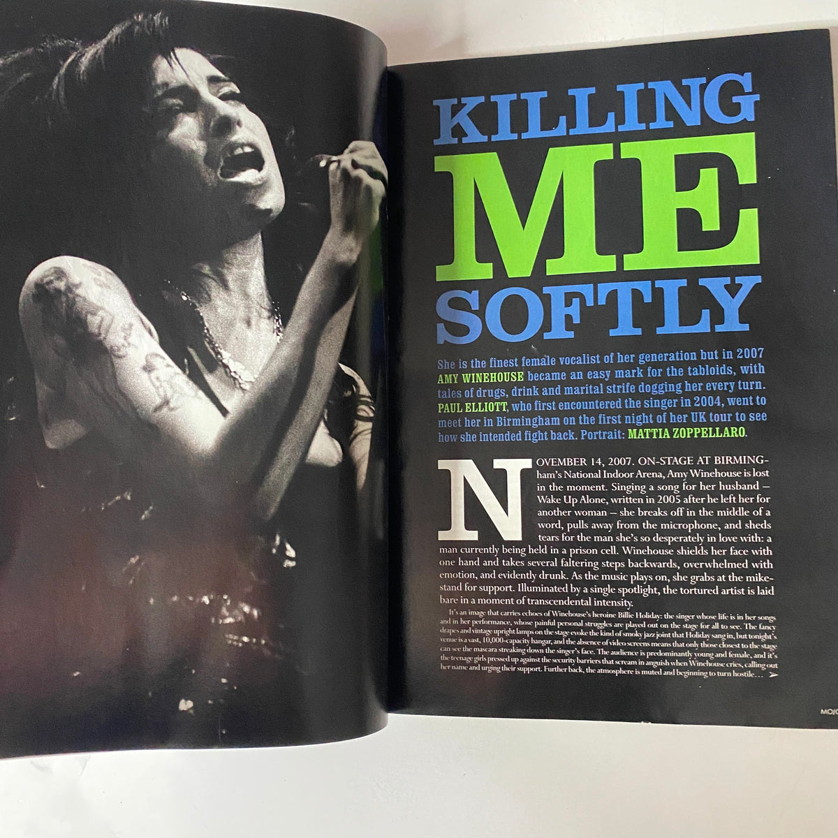 Killing Me Softly article featuring Amy Winehouse from Mojo Music Magazine January 2008 with quotes about her vocal talent and struggles.