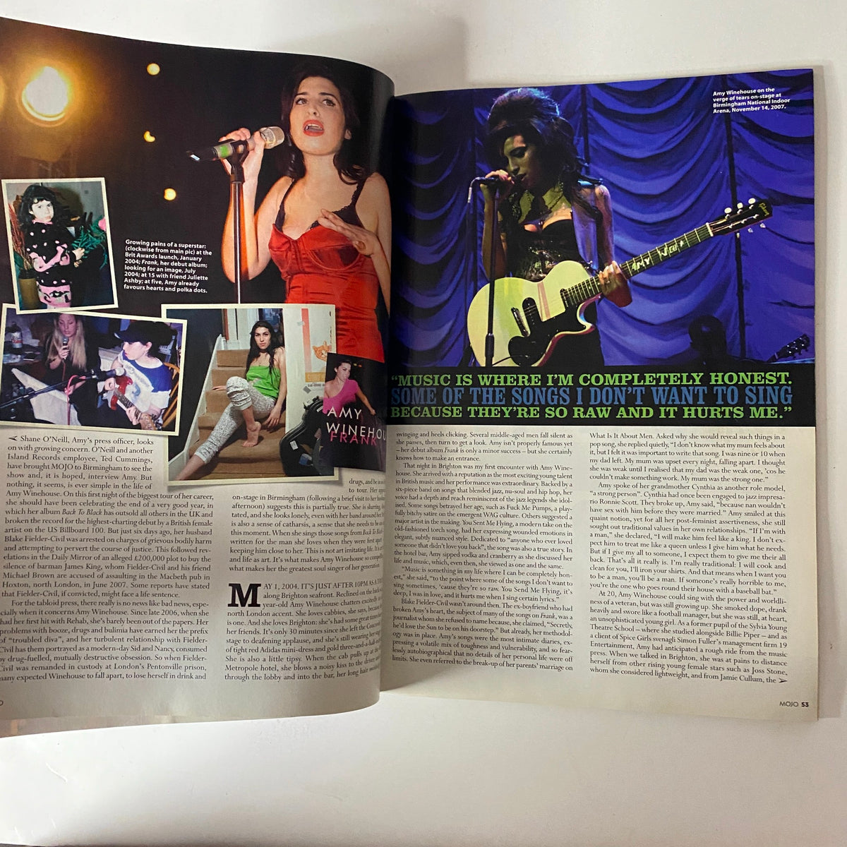 Amy Winehouse performance images and interview excerpts from Mojo Music Magazine January 2008, discussing her honesty in music and personal experiences.