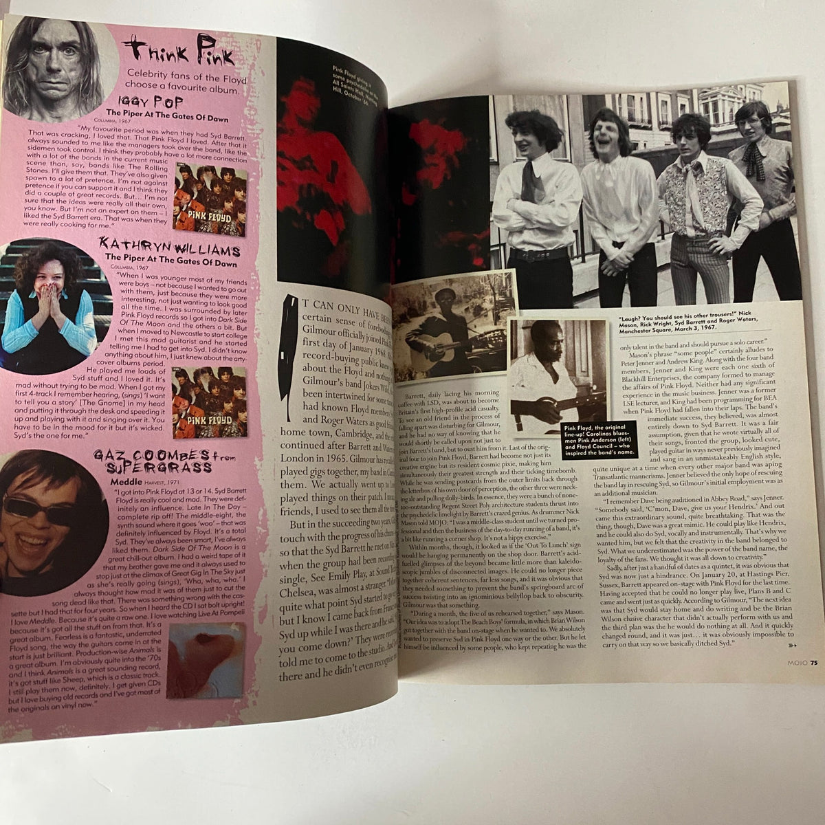 Mojo Music Magazine November 2001 pages highlighting celebrity fans of Pink Floyd and their reflections.