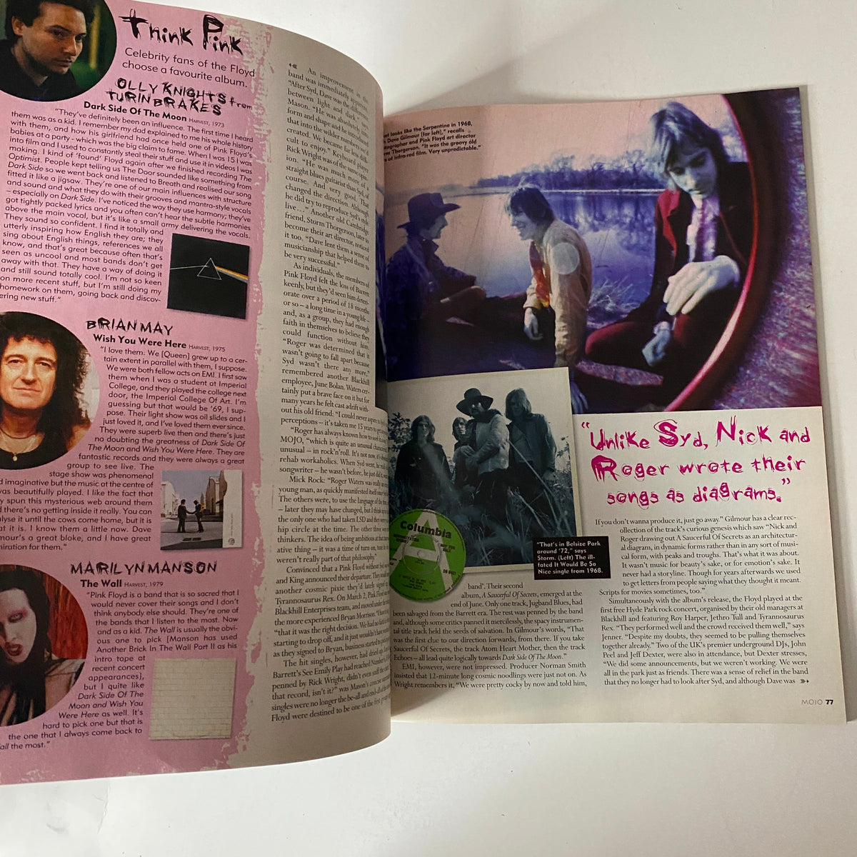 Mojo Music Magazine November 2001 spread discussing the impact of Syd Barrett along with notable interviews.