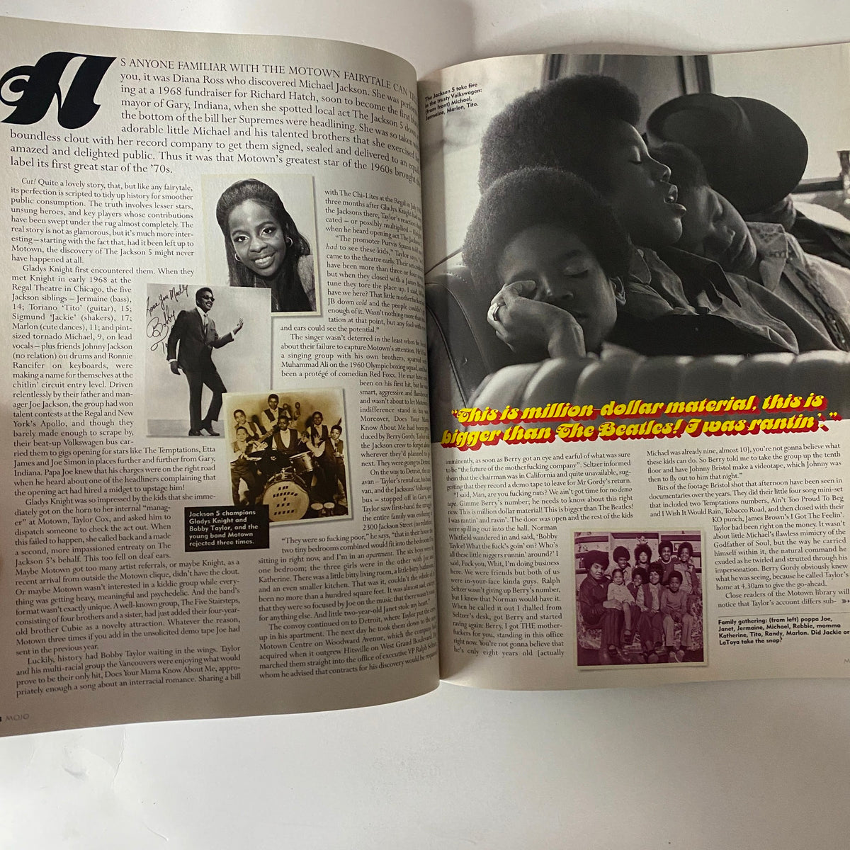 An article spread from Mojo Music Magazine December 2001, featuring a discussion on the Motown family tree with images relevant to Michael Jackson.