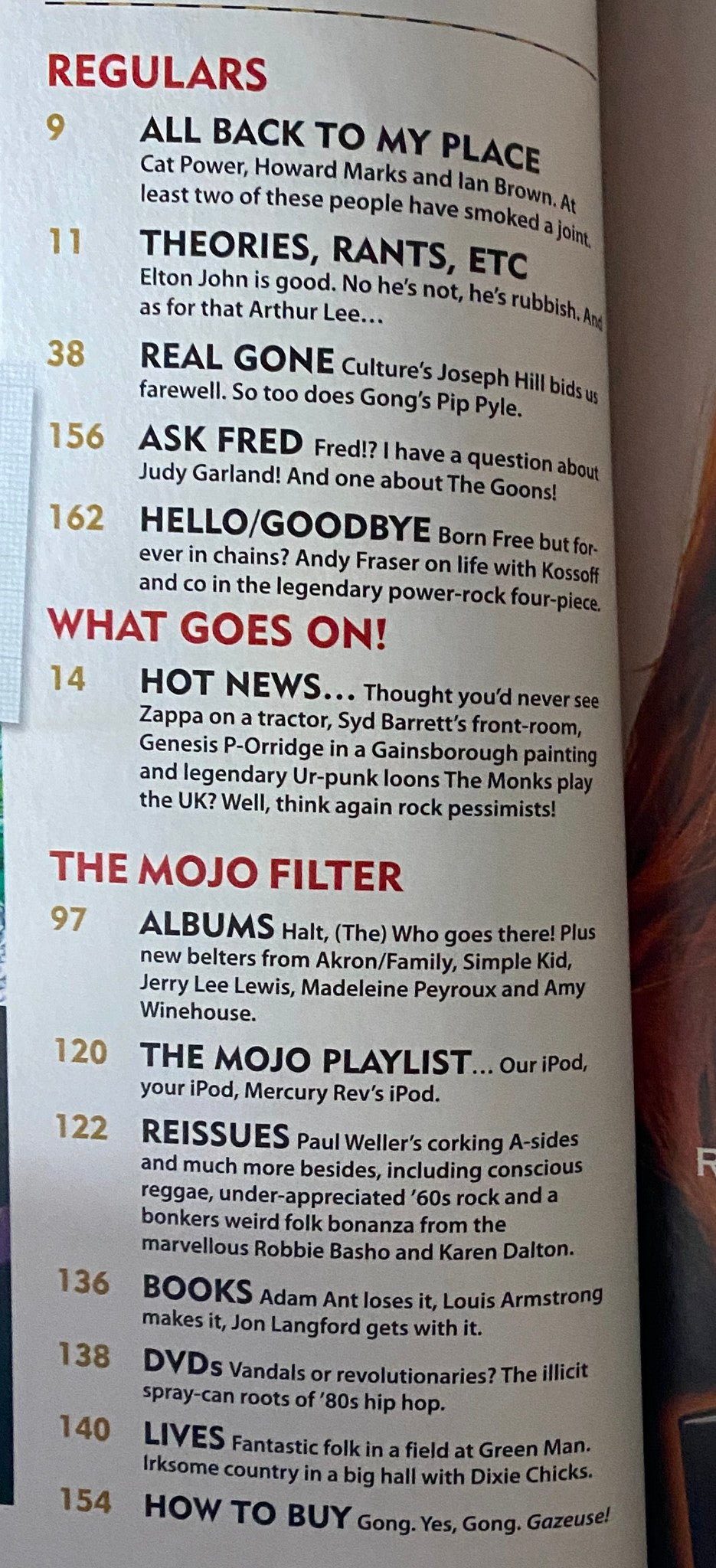 Table of contents for Mojo Music Magazine November 2006. Features articles on artists like Paul Simon and Elton John, alongside highlights from the issue including Jimi Hendrix.