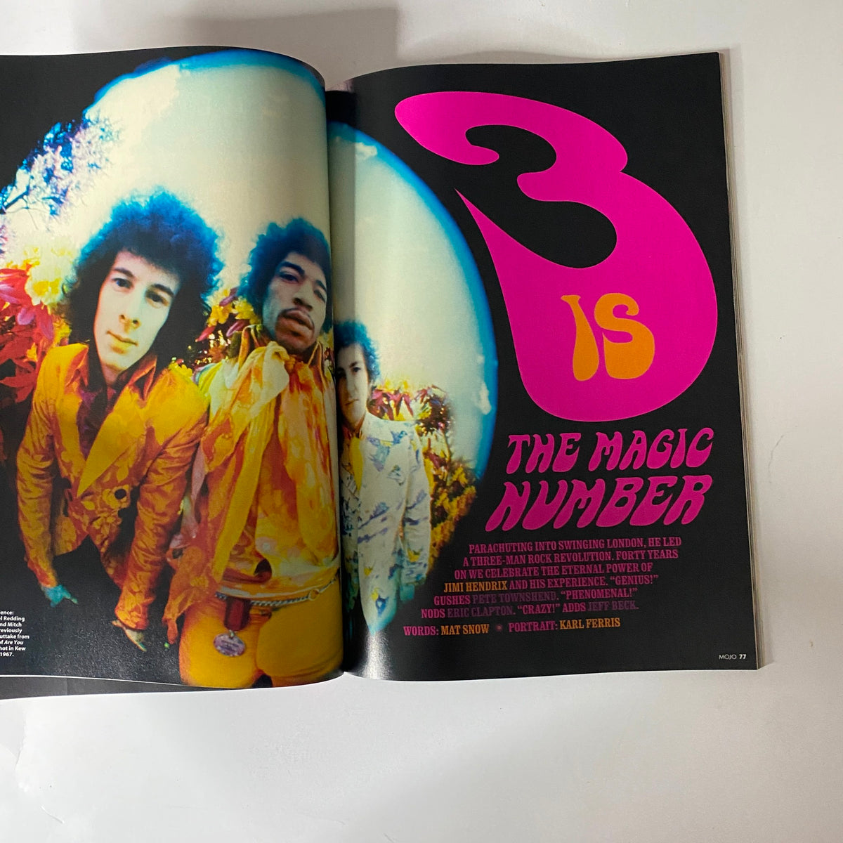 Inside spread of Mojo Music Magazine November 2006, featuring Jimi Hendrix in a vibrant photo. The page highlights an article about Hendrix's influence on the music scene.