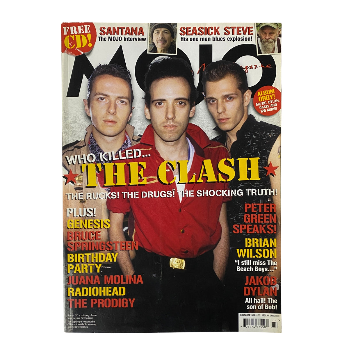 Mojo Music Magazine November 2008 cover featuring The Clash. The magazine highlights articles including an interview with Santana, coverage of Seasick Steve, and features on various artists like Brian Wilson and Jacob Dylan. No CD included, in very good condition.