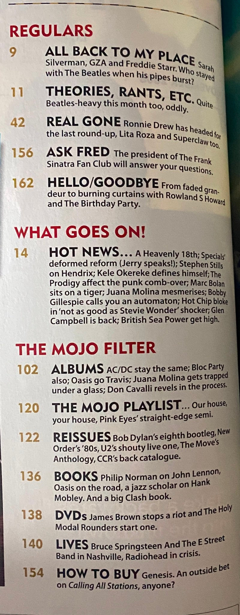 Table of contents from Mojo Music Magazine November 2008 showcasing features such as 'All Back To My Place,' 'Theories, Rants, Etc.,' and 'Hot News.' Includes highlights on artists like Genesis, Bruce Springsteen, and Radiohead.