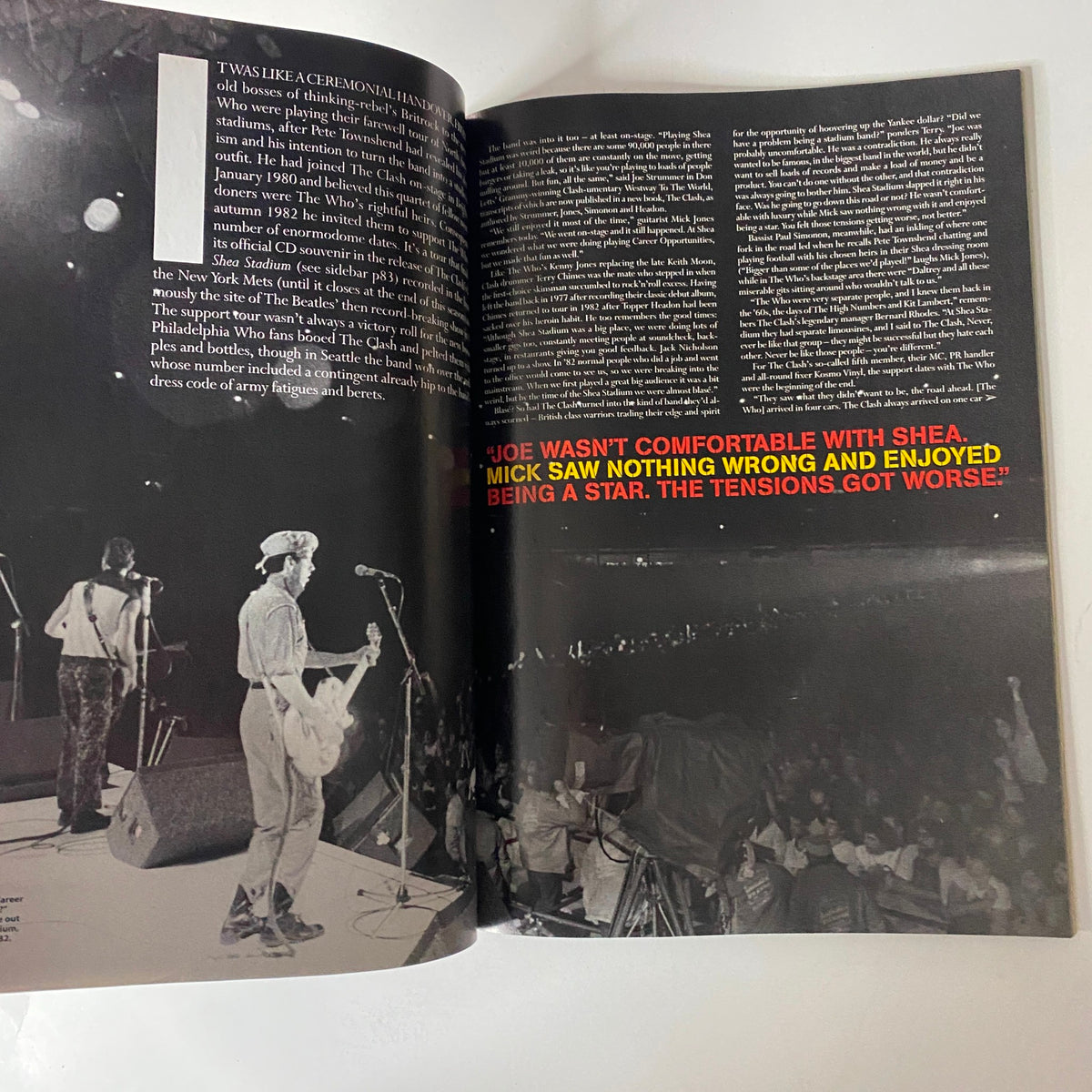 Mojo Music Magazine November 2008 page featuring performance moments from The Clash, discussing the band's tensions during the creation of their music and live shows.
