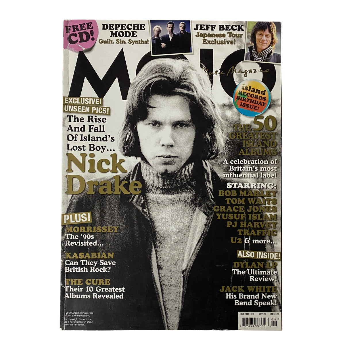 Mojo Music Magazine June 2009 featuring Nick Drake on the cover, highlighting articles about Depeche Mode, Jeff Beck, and Island Records' 50th anniversary.
