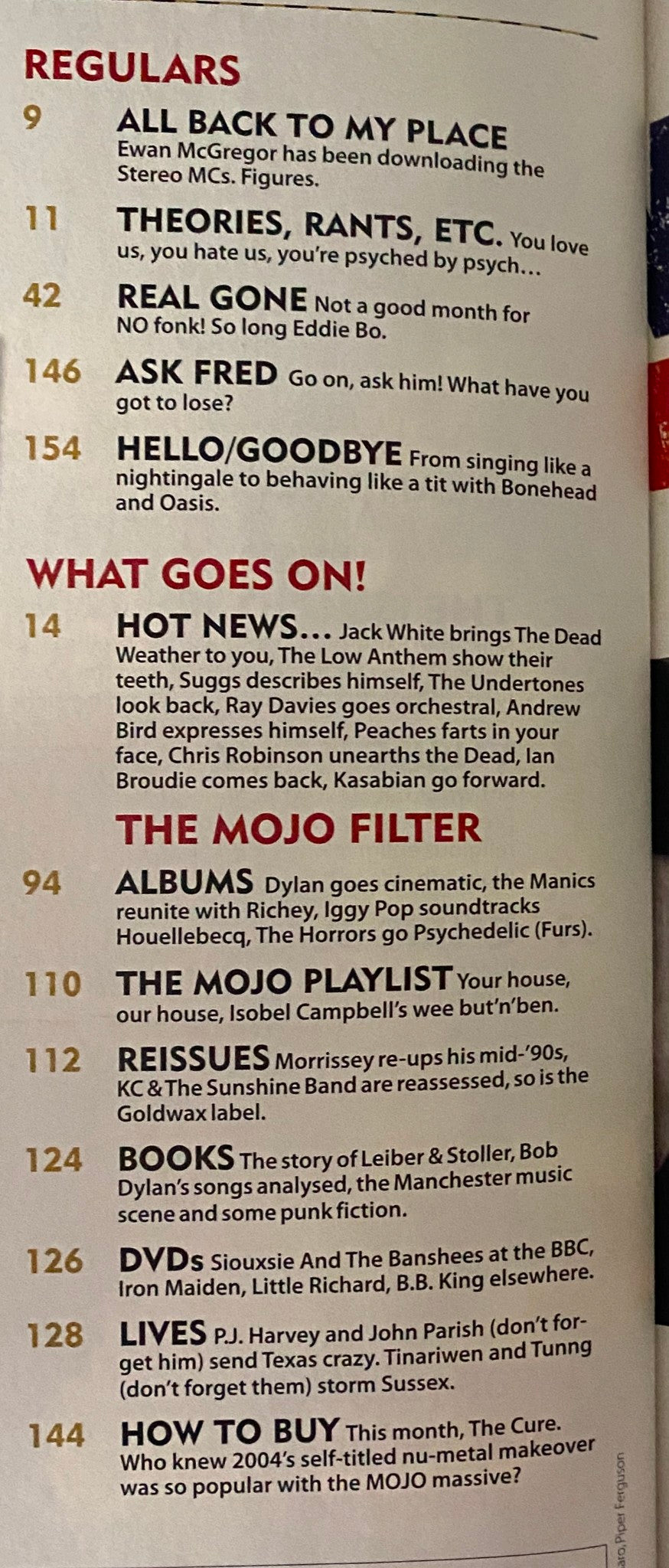 Mojo Music Magazine June 2009 table of contents featuring sections like 'All Back To My Place', 'Theories, Rants, Etc.', and more, showcasing Ewan McGregor and music news.