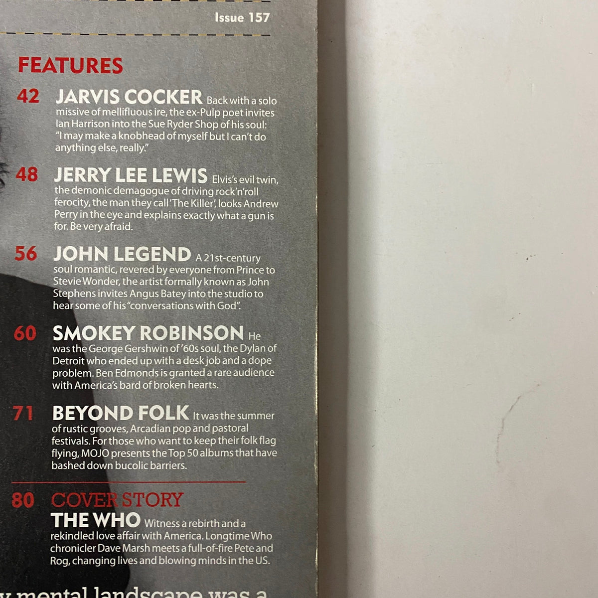 Inside page of Mojo Music Magazine December 2006 highlighting the features section, including articles on Jerry Lee Lewis and Jarvis Cocker, emphasizing the magazine's depth of music journalism.