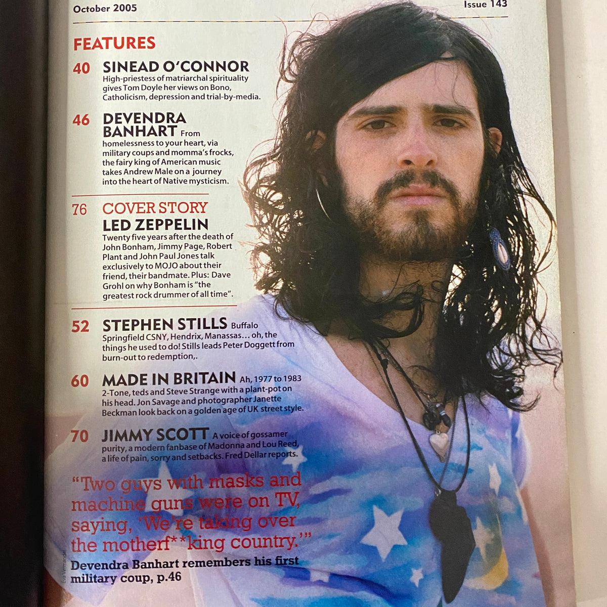 Inside page of Mojo Music Magazine October 2005 showcasing articles about Sinead O’Connor, Devendra Banhart, Stephen Stills, and Led Zeppelin cover story.