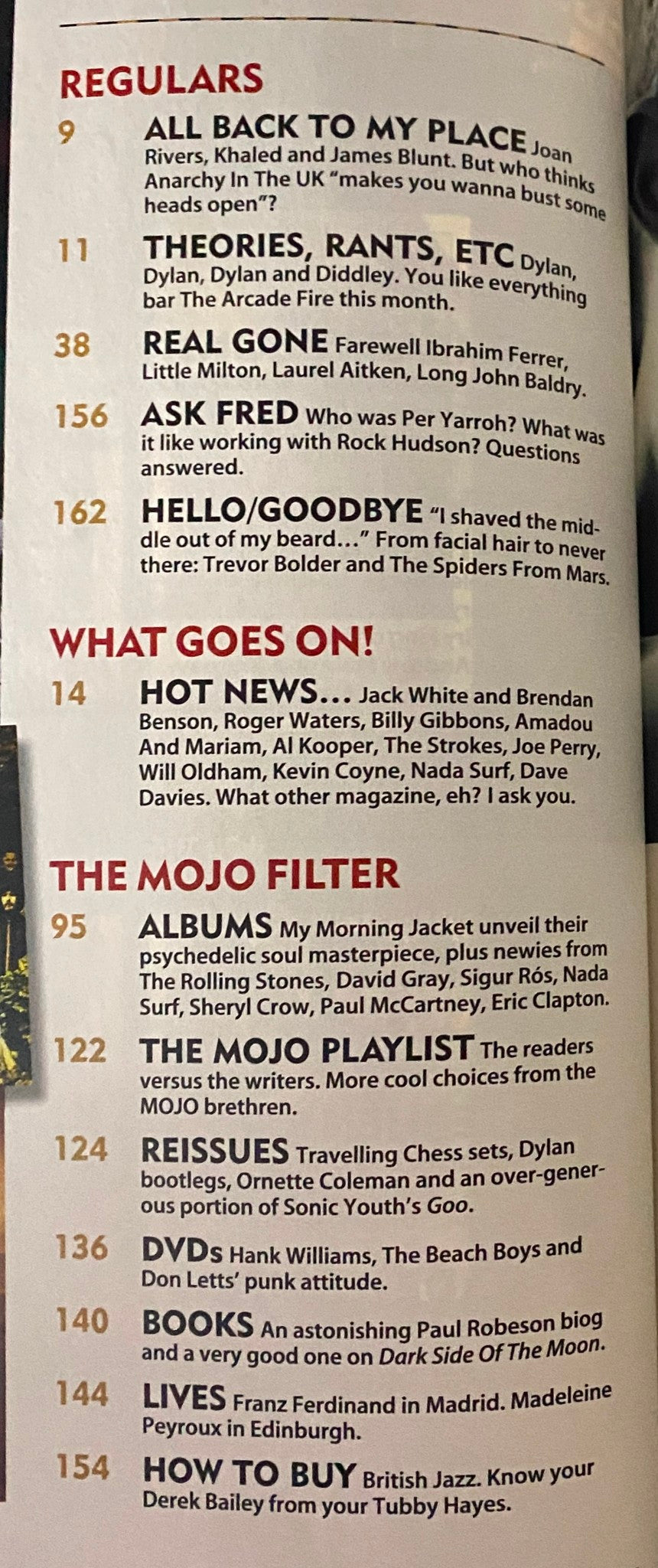 Regulars section of Mojo Music Magazine October 2005 with content list including features and reviews, showcasing contributions from Joan Rivers and more.