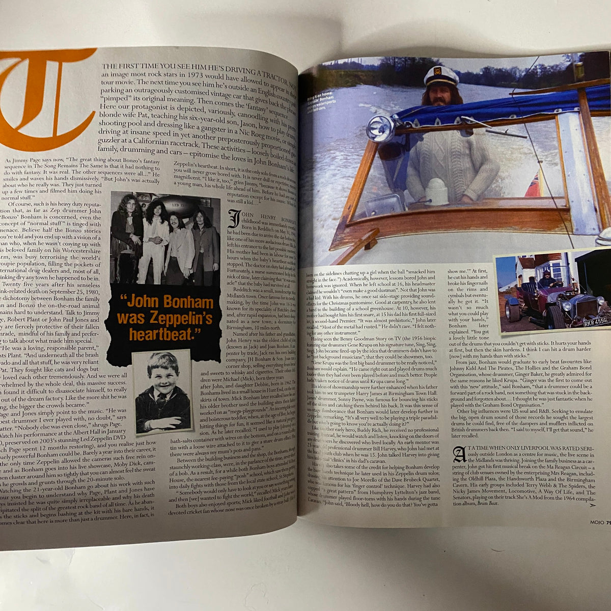 Mojo Music Magazine October 2005 Led Zeppelin Cover article featuring John Bonham with a photo of him driving a boat, discussing his legacy as a key member of the band.