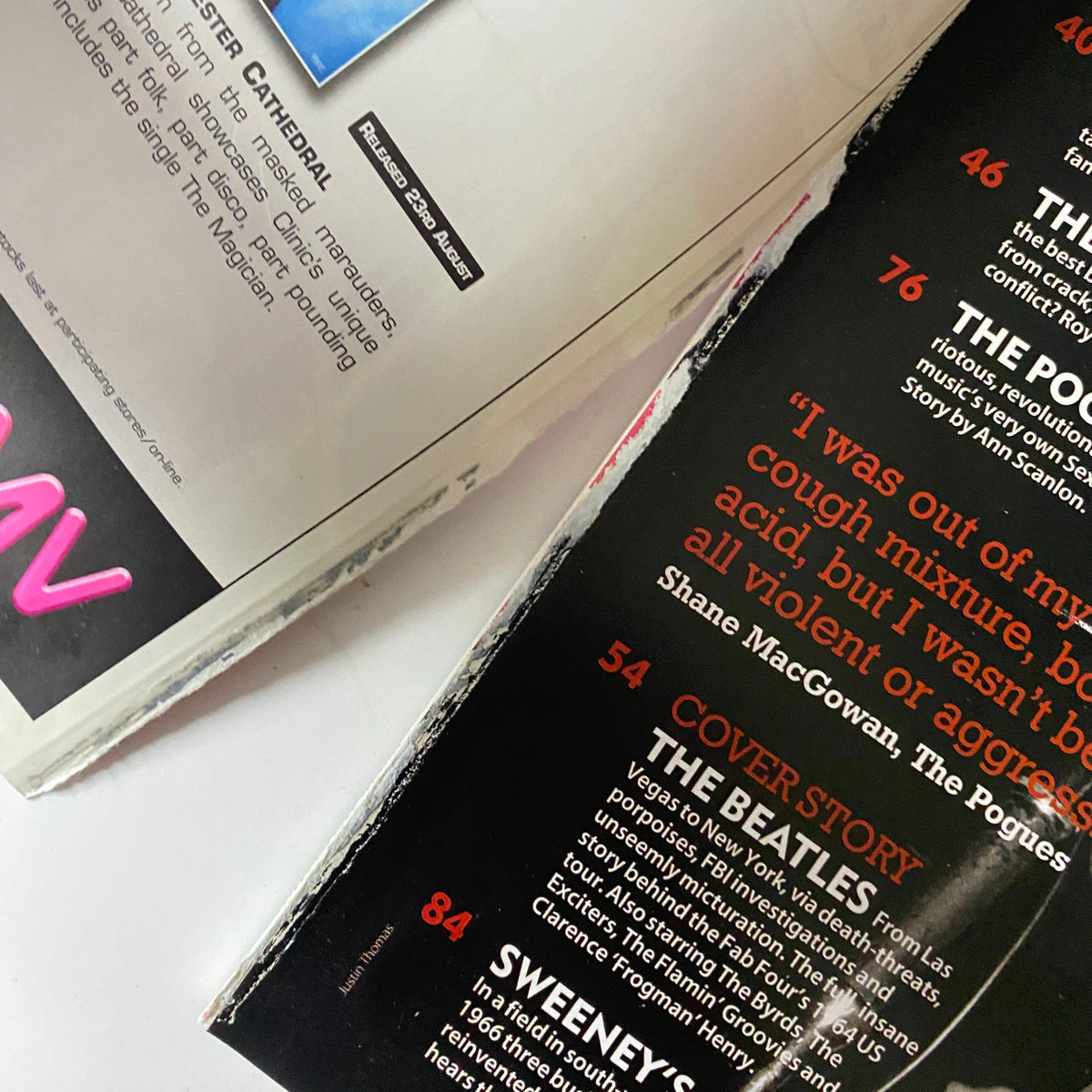 Close-up of the inner pages of Mojo Music Magazine September 2004, revealing contents including 'The Beatles' cover story and feature articles related to music history.