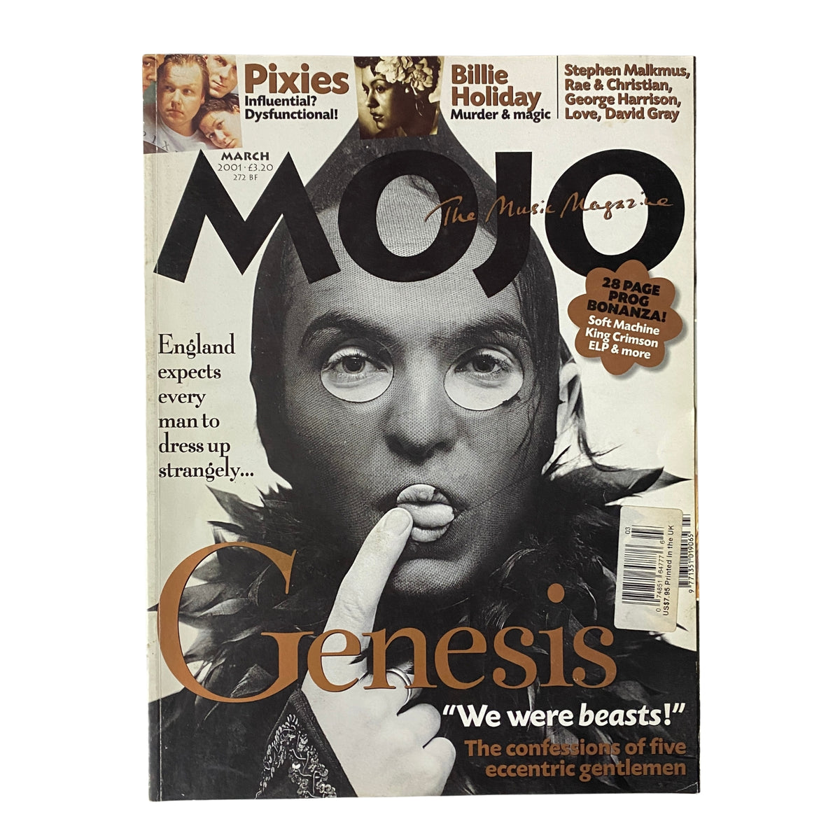 Mojo Music Magazine March 2001 featuring Genesis on the cover, showcasing a retrospective on the band's journey with a creative design and the title. No CD included.