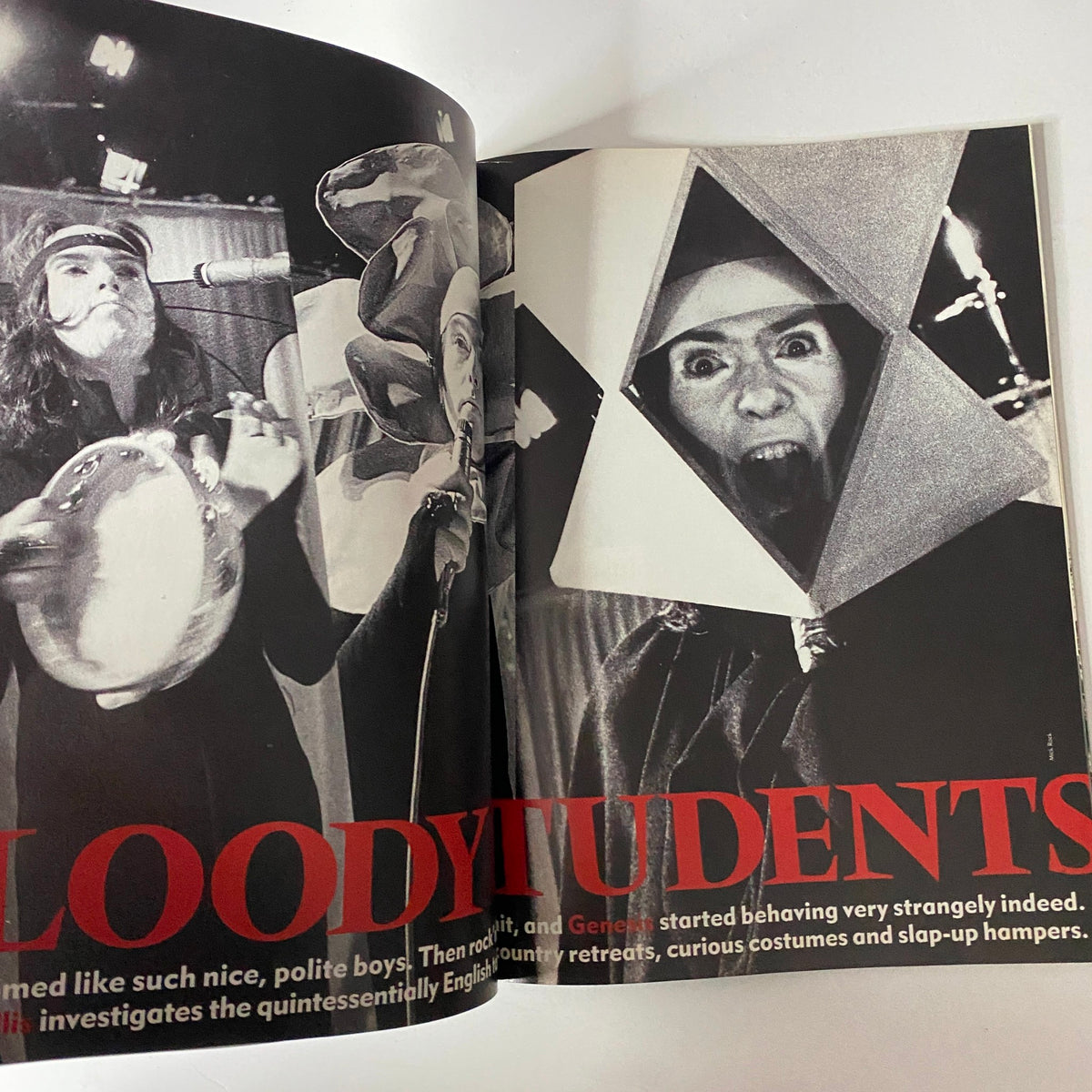 Mojo Music Magazine March 2001 Genesis Cover story featuring students in whimsical costumes, showcasing Genesis's eccentric and artistic journey.