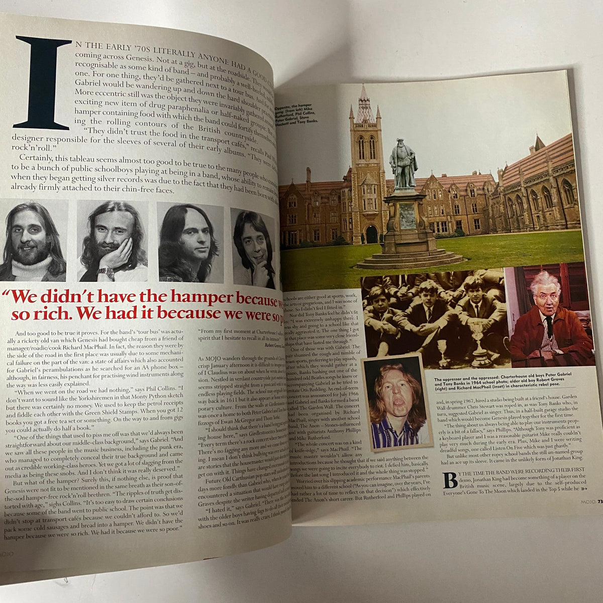 Mojo Music Magazine March 2001 Genesis Cover featuring an article on the band's evolution alongside images of historical landmarks and interviews, highlighting the essence of progressive rock.