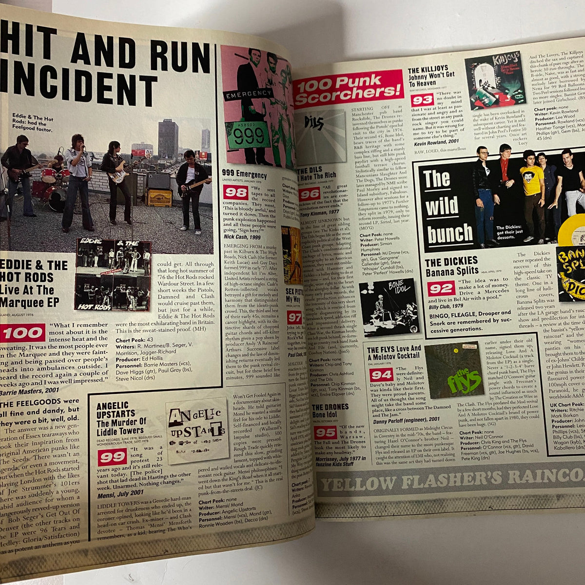 Two-page spread from Mojo Music Magazine October 2001 highlighting '100 Punk Scorchers' with images of punk bands and album covers.