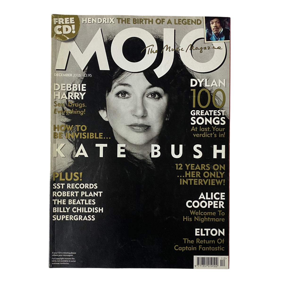 Mojo Music Magazine December 2005 featuring Kate Bush on the cover. This issue highlights her return to music after a 12-year hiatus, along with features on other artists like Debbie Harry and Jimi Hendrix.