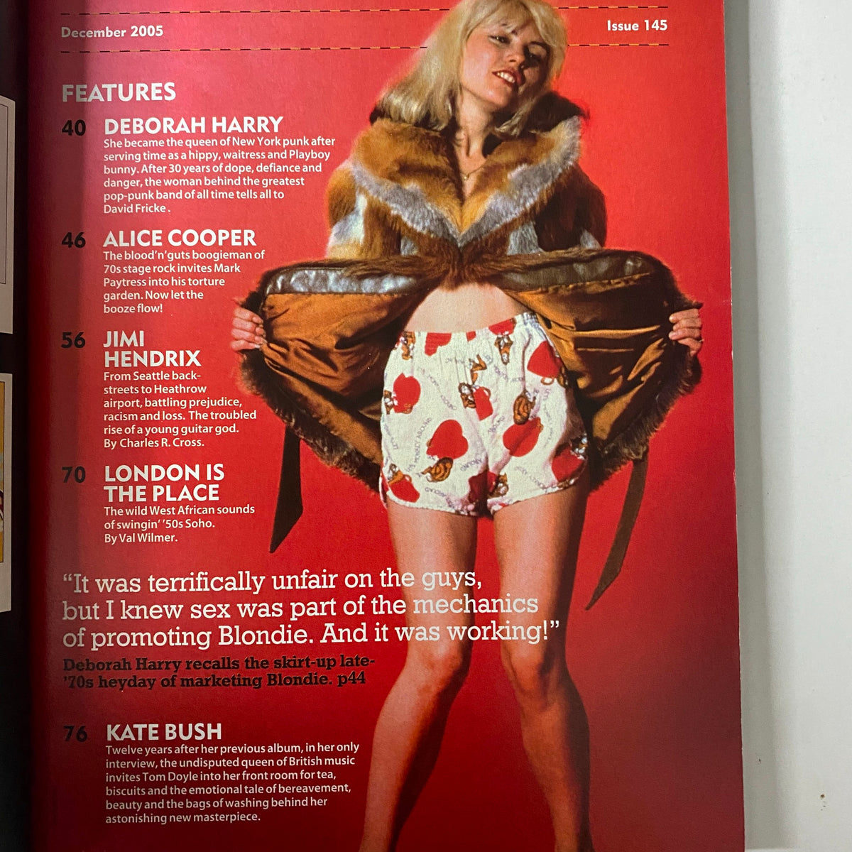 Interior page of Mojo Music Magazine December 2005, showcasing content highlights including features on Deborah Harry, Alice Cooper, and a section about Kate Bush, emphasizing her importance in the music industry.