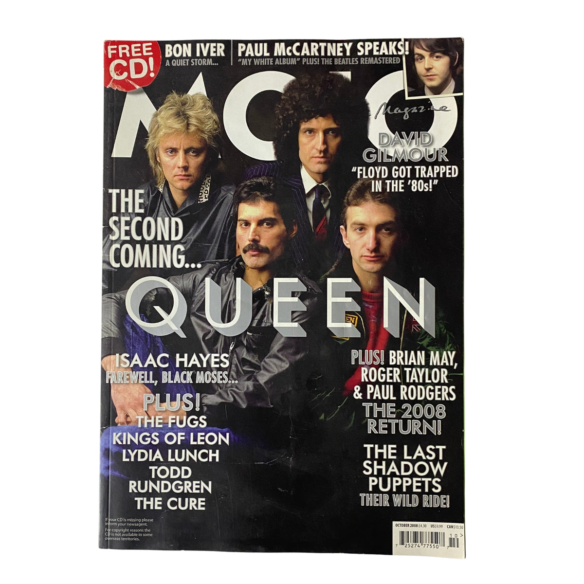 Mojo Music Magazine October 2008 featuring Queen on the cover. The magazine showcases articles about notable artists such as David Gilmour and Bon Iver.