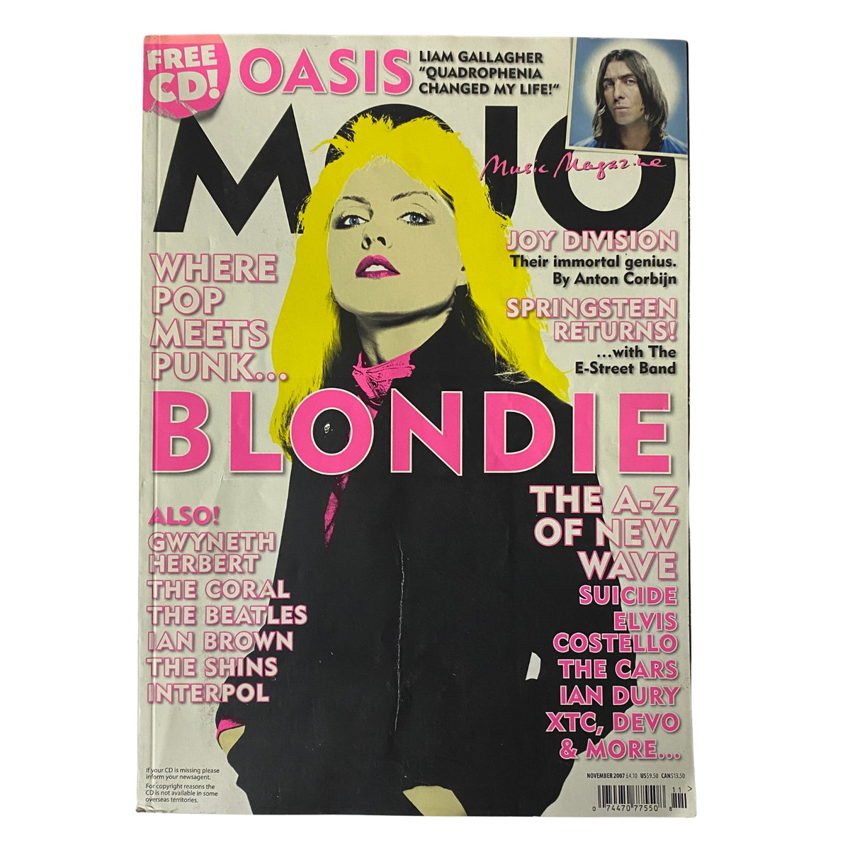 Mojo Music Magazine November 2007 featuring a striking cover of Blondie. The cover highlights various features such as Joy Division and Liam Gallagher. No CD included, in good condition, protected by a plastic cover.