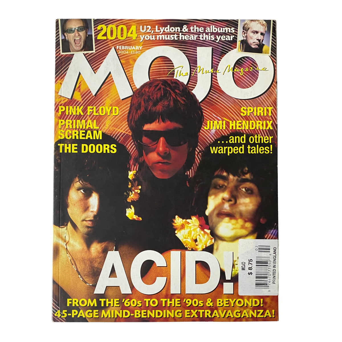 Mojo Music Magazine February 2004 cover featuring Pink Floyd, Spirit, and The Doors. The headline 'ACID!' highlights the psychedelic theme of the issue, exploring music from the '60s to the '90s.