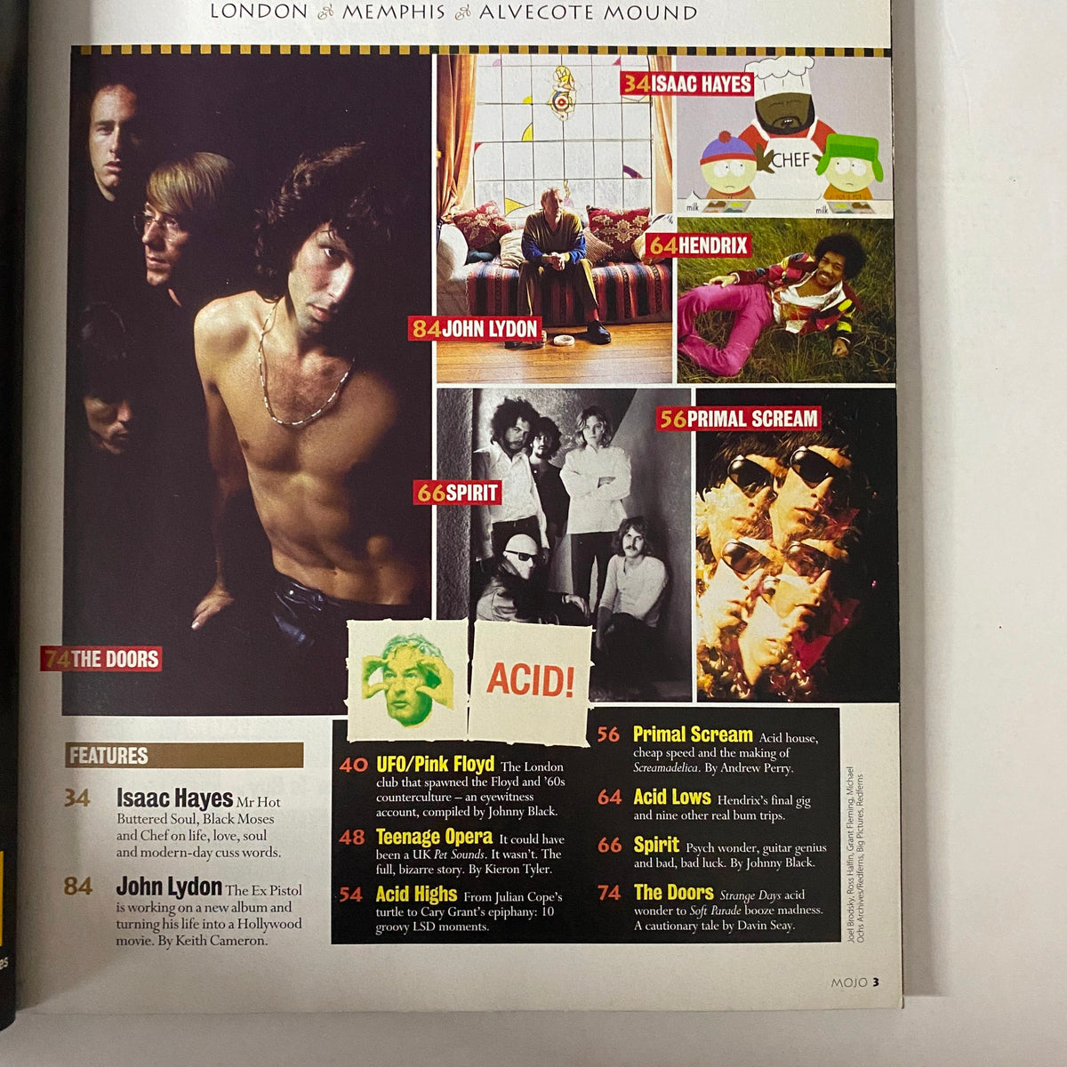 Mojo Music Magazine February 2004 page featuring key artists Isaac Hayes, John Lydon, Pink Floyd, Spirit, and Primal Scream highlights, capturing music culture of the era.