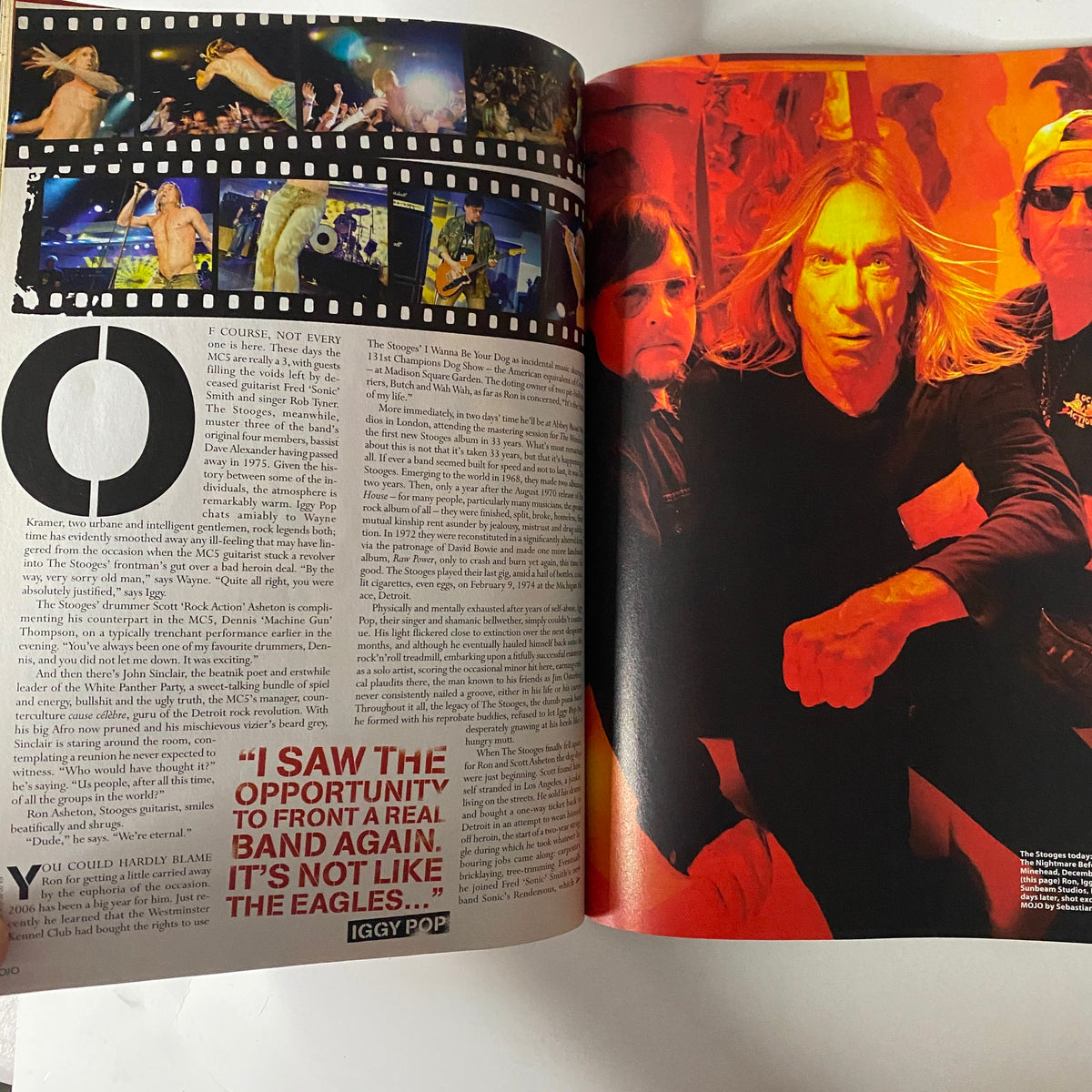 Another spread from Mojo Music Magazine April 2007 featuring Iggy Pop and discussing The Stooges' music history, visually packed with vibrant colors.