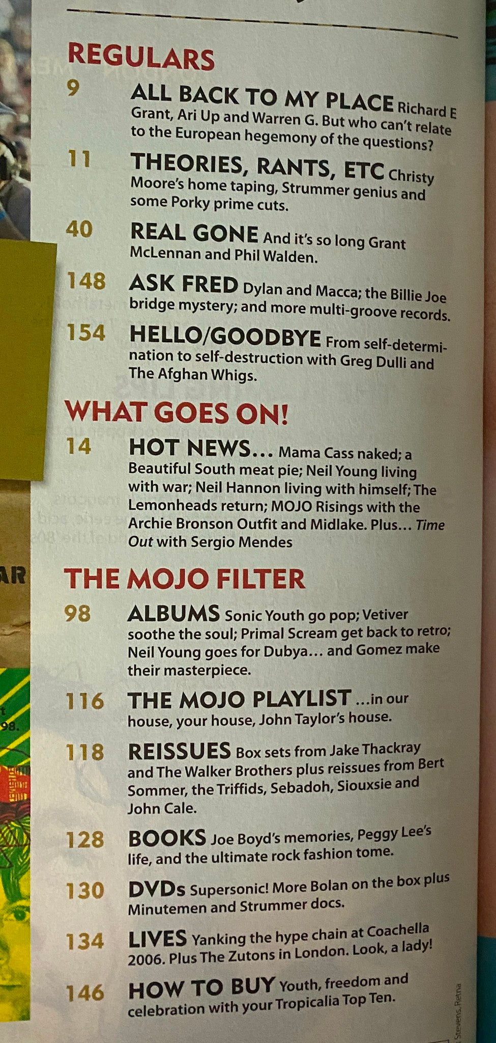 Regulars section of Mojo Music Magazine July 2006 detailing articles like 'All Back To My Place' and 'Ask Fred', emphasizing music insights and rock culture.