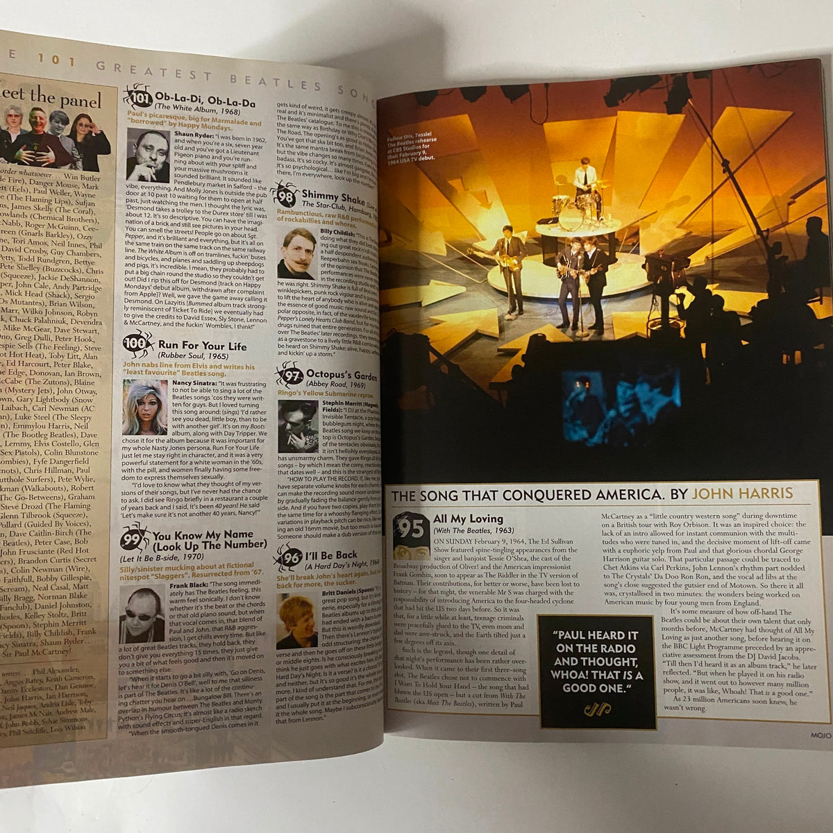 Interior page from Mojo Music Magazine July 2006 with a feature on 'The 101 Greatest Beatles Songs', showcasing iconic performances and notable tracks from The Beatles. No CD included.