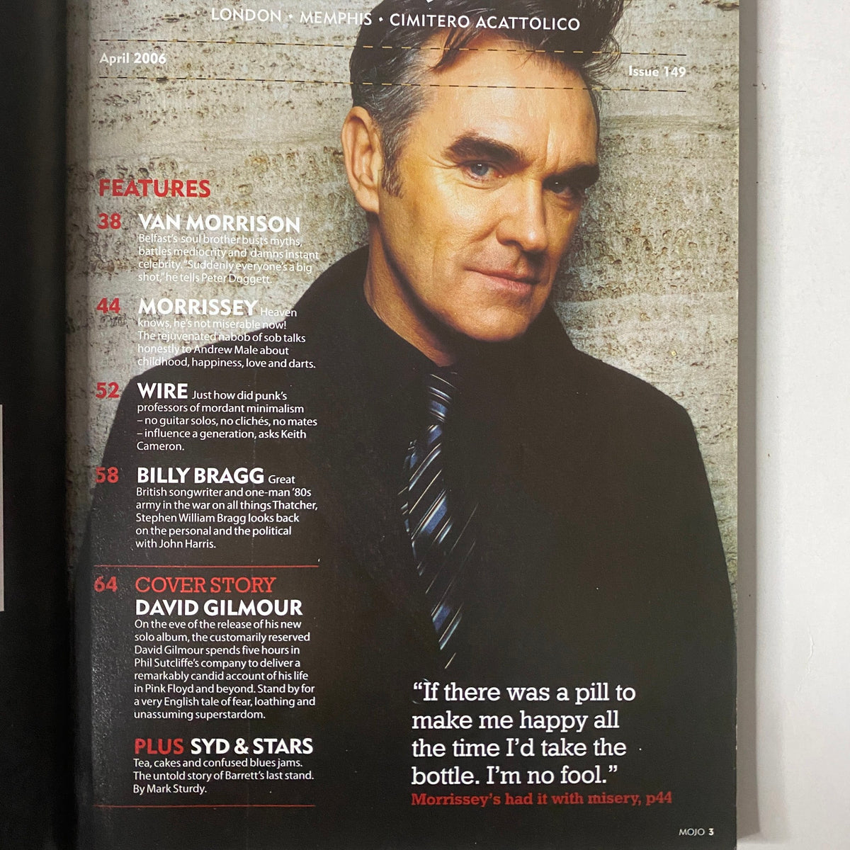 Mojo Music Magazine April 2006 with David Gilmour on the cover, featuring articles about Morrissey, Van Morrison, and various music topics.