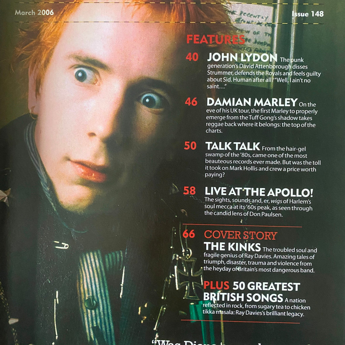 Inside page of Mojo Music Magazine March 2006, showcasing features about John Lydon, Damian Marley, and Talk Talk, emphasizing music's cultural impact.