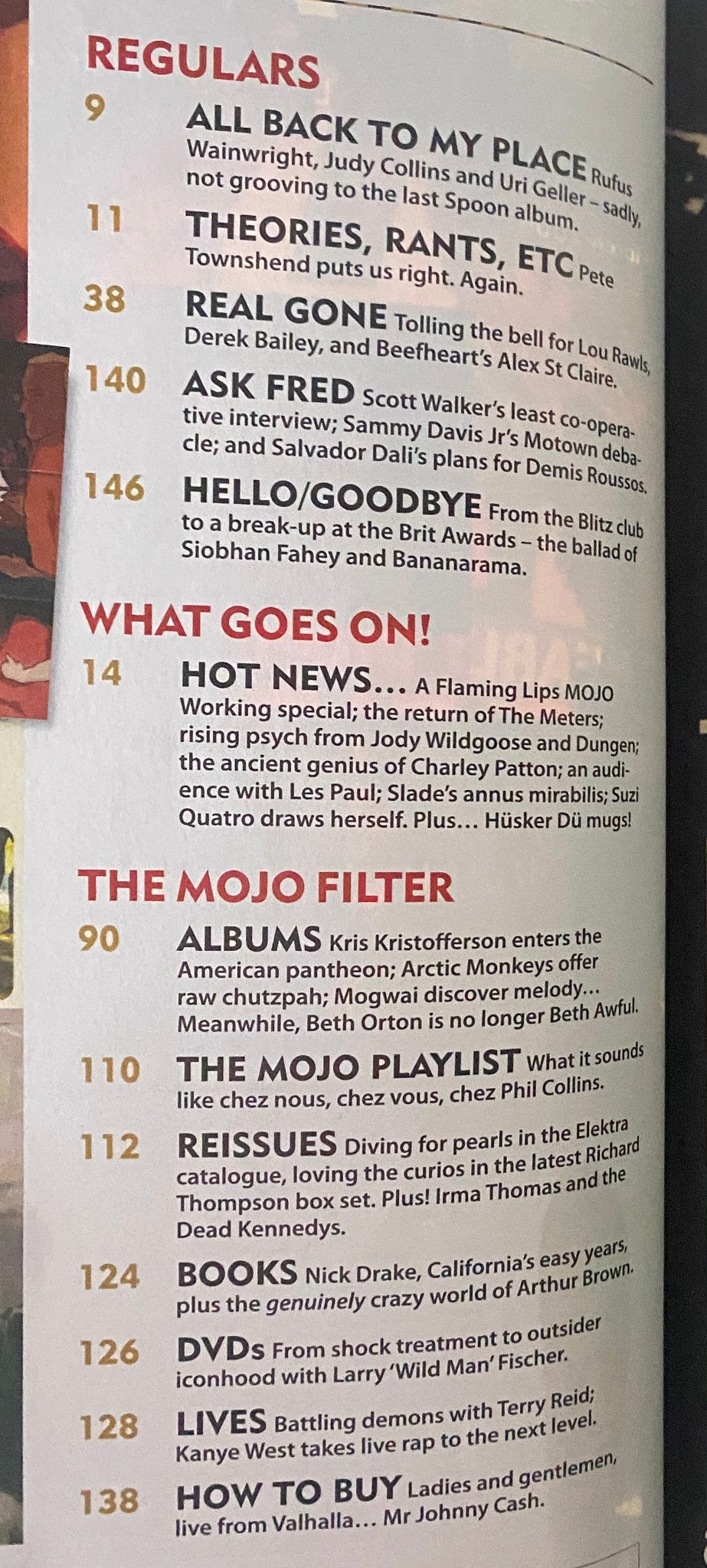 Regulars section of Mojo Music Magazine March 2006, detailing various articles and highlights, including album reviews and music news.