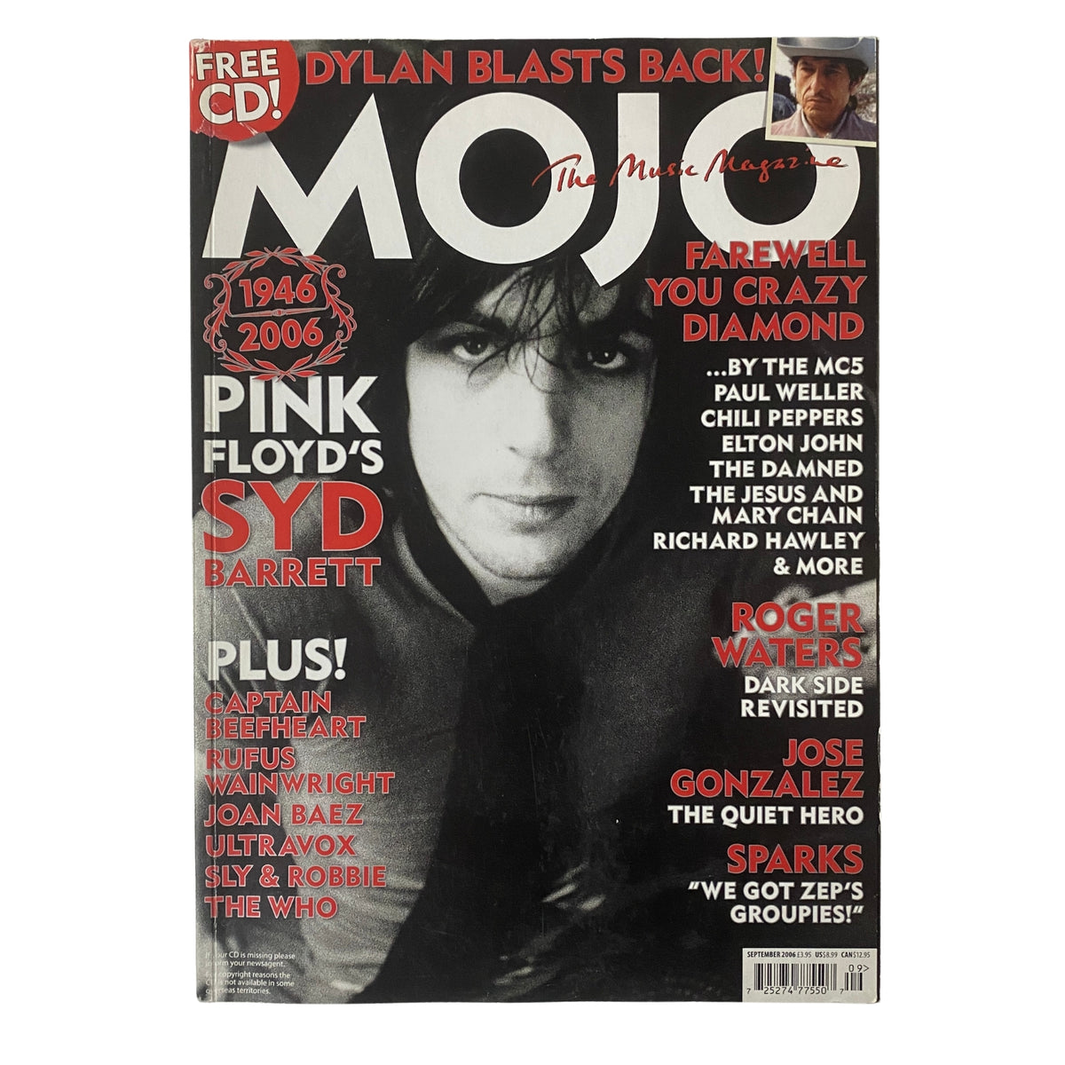 Mojo Music Magazine September 2006 featuring Syd Barrett on the cover, highlighting the tribute to the Pink Floyd founder, with features on musicians like Paul Weller and John Lennon.