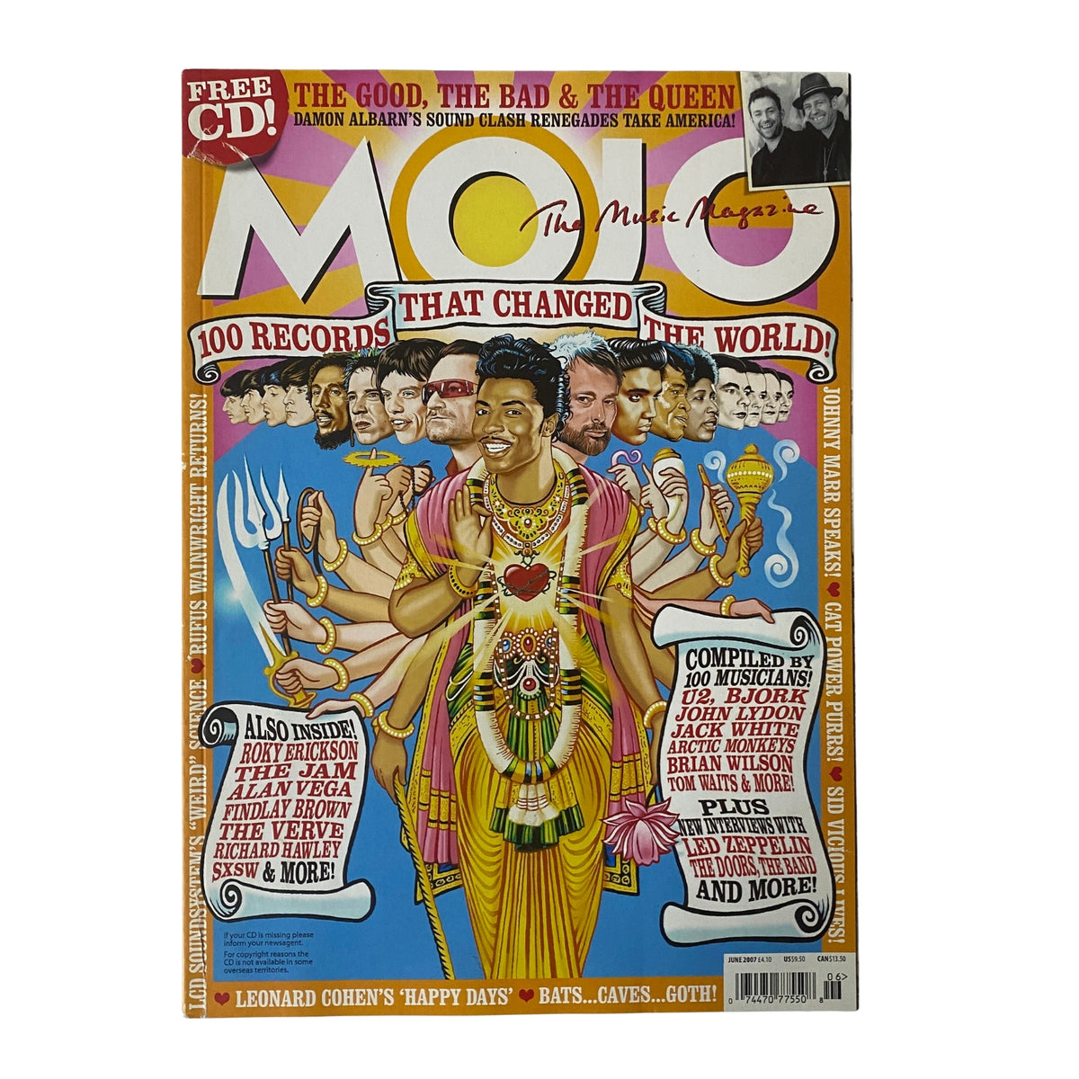 Mojo Music Magazine June 2007 cover featuring artwork and the headline '100 Records That Changed the World'. Highlights include contributions from music legends and a colorful illustration of iconic musicians.