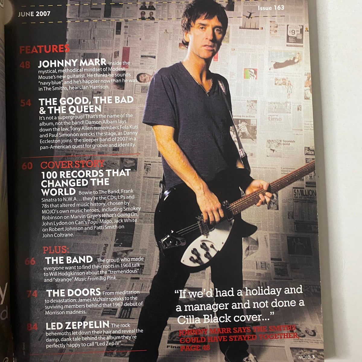 Interior page of Mojo Music Magazine June 2007 showcasing features on Johnny Marr and The Good, The Bad & The Queen, along with the cover story about '100 Records That Changed The World'.