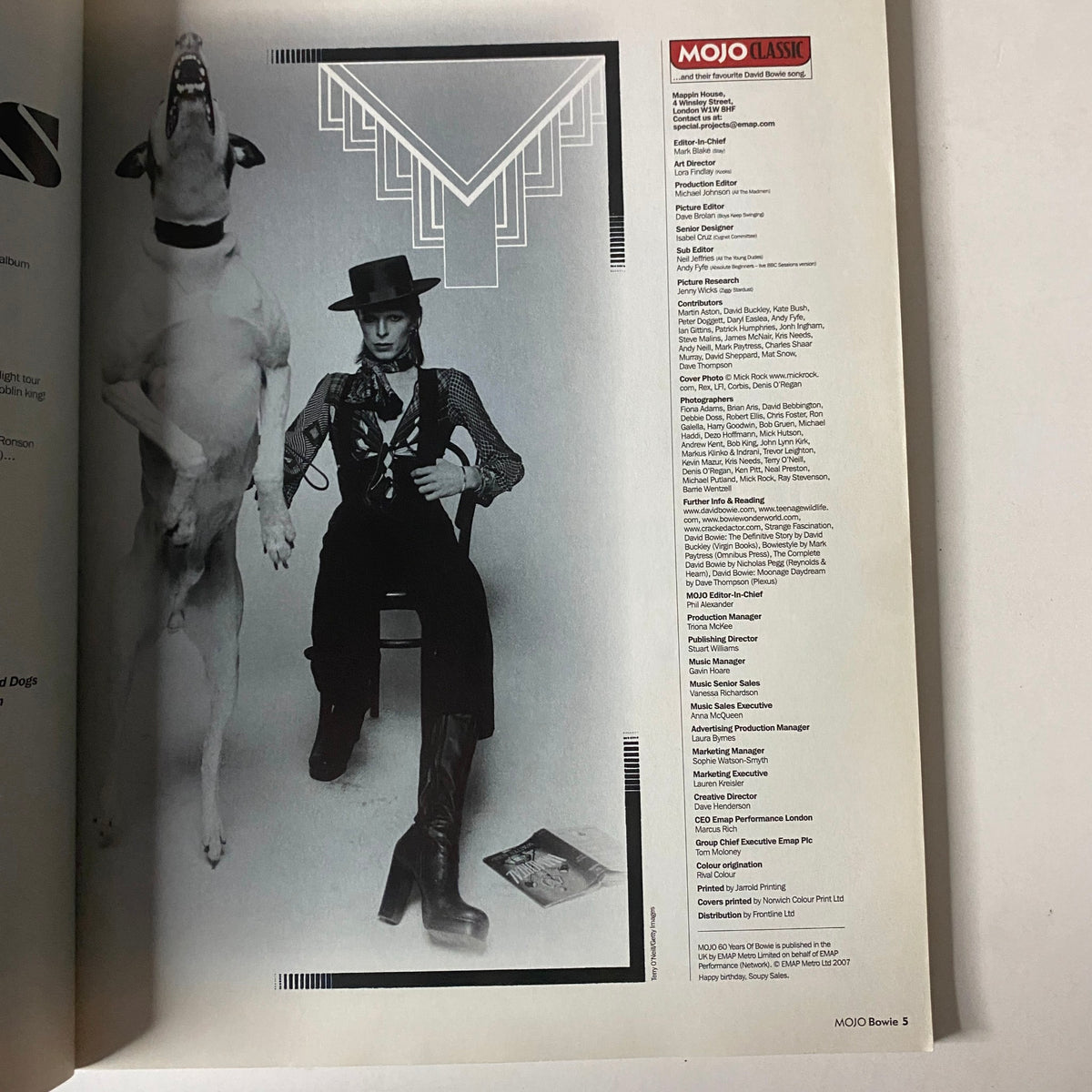 Mojo Classic Magazine 2007 David Bowie Cover featuring a dramatic black and white photo of a model in a hat and boots, sitting with a large dog. No CD included, in very good condition.