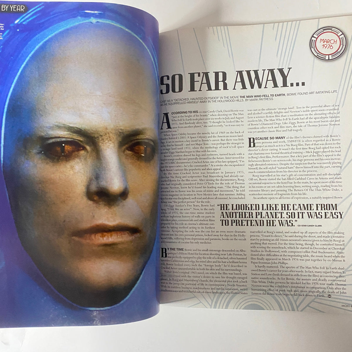 Mojo Classic Magazine 2007 David Bowie Cover displaying a striking article page featuring a detailed caption about Bowie's extraterrestrial persona. No CD included, in very good condition.