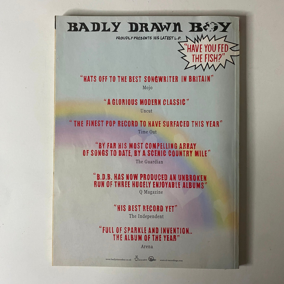 Back cover of Mojo Music Magazine January 2003 promoting Badly Drawn Boy's album with reviews from various publications.