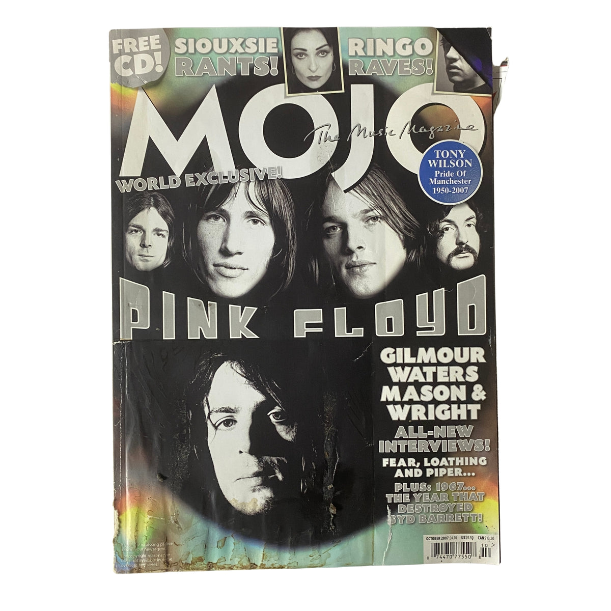 Mojo Music Magazine October 2007 featuring Pink Floyd on the cover, highlighting musicians Siouxsie, Ringo Starr, and others. No CD included. Magazine condition is acceptable with visible wear and water damage.